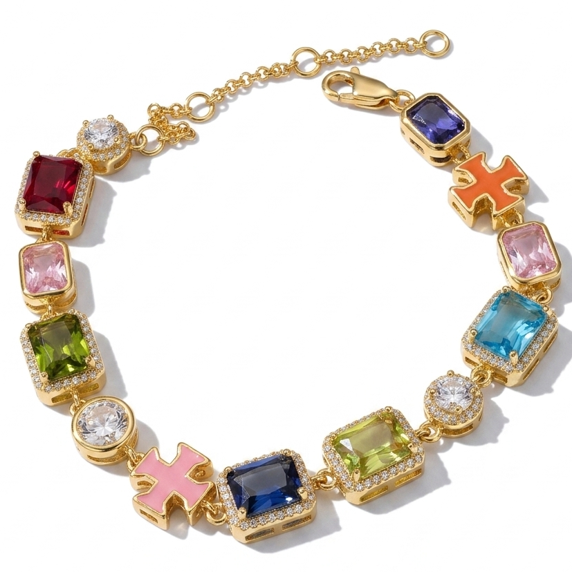 Multicolored gemstone bracelet with gold chain on a white background